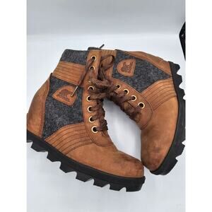 Sorel Lexie Boots Women's Brown Gray Leather Hidden Wedge Lace Up Lug Booties7.5